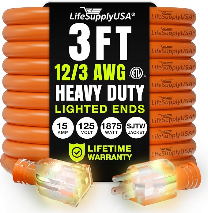 3ft Outdoor/Indoor Extension Cord 12/3 Gauge Extra Heavy Duty 3 Prong SJTW, Waterproof, ETL Listed, Flexible Cold-Resistant Long Power Cord,15A 125V 1875W, Orange by LifeSupplyUSA