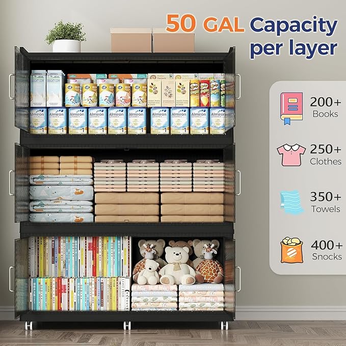 150Gal Extra Large Stackable Storage Bins with Lid, 600Qt Collapsible Storage Box with Wheels, Closet Organizers and Storage Cabinet Container for Home, Kitchen, Office, Bedroom, 3Pack Black