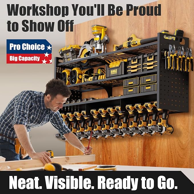 Large 49''W Power Tool Organizer Wall Mount | 620lbs Garage Storage Rack with 12 Cordless Drill Holder | 4-Tier Heavy Duty Utility Shelf for Battery Workshop Organization