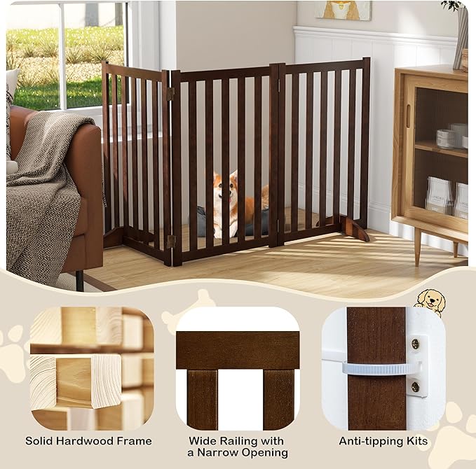 30" Height Tall Freestanding Pet Gate, Solid Wood Folding Safety Fence Wooden Dog Gate with 2 PCs Support Feet Ideal for Stairs, Doorways, Halls, Kitchens, Heavy Duty Gates, 3 Panels, Walnut