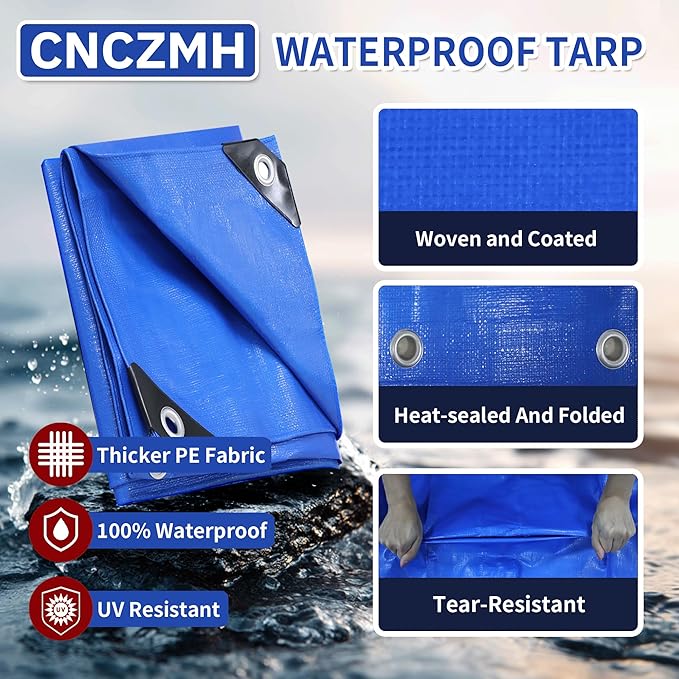 Tarp Waterproof 10x12 Feet, 8 Mil Thick Finished Size Blue Poly Tarpaulin Outdoor, Metal Grommets, Reinforced Edges, Multipurpose Tarps Protective Cover for Camping Boat Plant