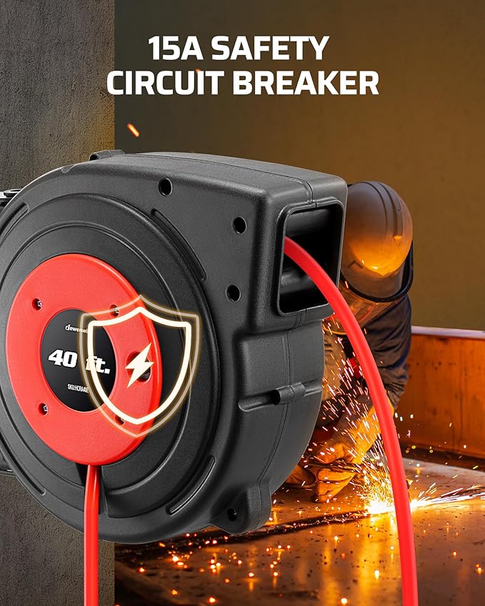 DEWENWILS Retractable Extension Cord Reel, 40 FT Heavy Duty Power Cord, 12/3C SJTOW Retractable Cord Reel, Lighted Triple Tap Outlets, 15A Circuit Breaker, Wall/Ceiling Mount, UL Listed, Red