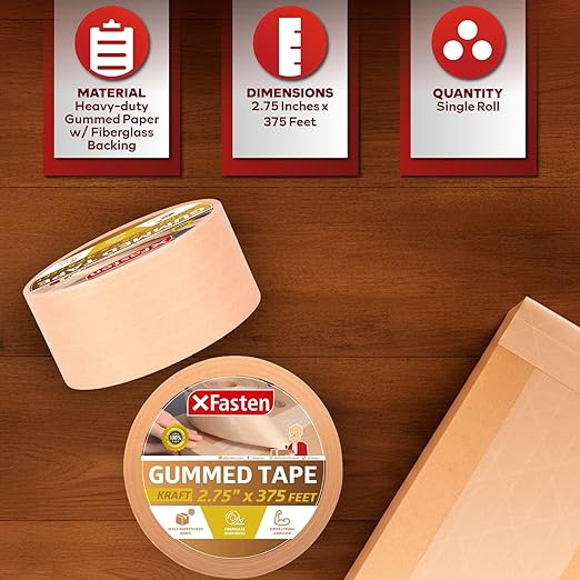 XFasten Brown Paper Packing Tape - 2.75-Inch x 375-Feet, Water Activated, Reinforced for Moving & Packing Boxes