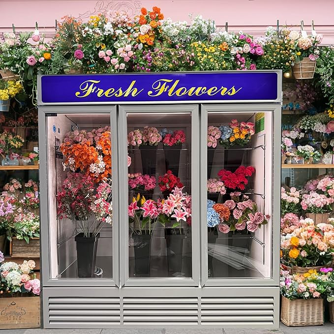 Commercial Flower Refrigerator Floral Display Cooler,White 3 Glass Doors Floral Fridge With LED Light Adjustable Shelves,ETL Sanitation,71" Wide,63.5 Cuft, Wheels Included