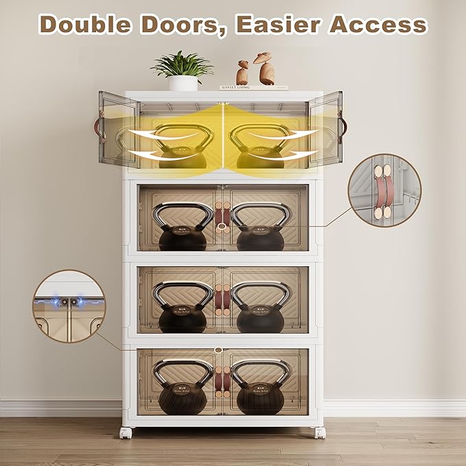 SAILUN 660QT Stackable Storage Bins with Lid, Collapsible Storage Bins With Doors and Wheels, Folding Plastic Cabinet Containers for Home Kitchen Closet Organization, 4 Pack