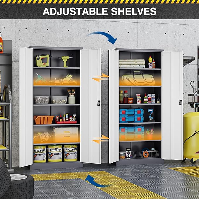 Metal Storage Cabinet-71” Tall Steel File Cabinets with Lockable Doors and Adjustable Shelves-Gray&White Steel Storage Cabinet for Home,Kitchen, School, Office, Garage