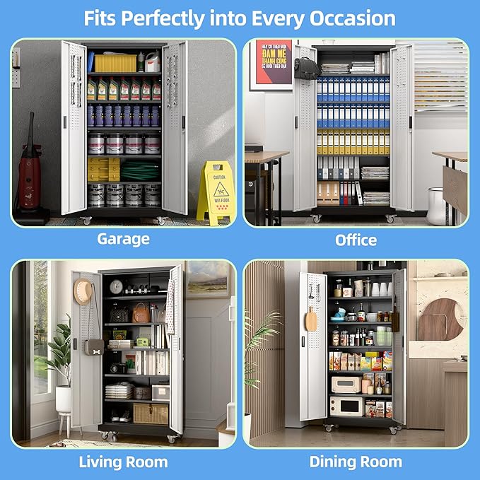 Garage Storage Cabinet with Wheels & Pegboard, Lockable Metal Storage Cabinet with Doors and 5 Adjustable Shelves for Garage Workshop Home, Assembly Required, Black and Silvery, 71" H×34" W×18" D