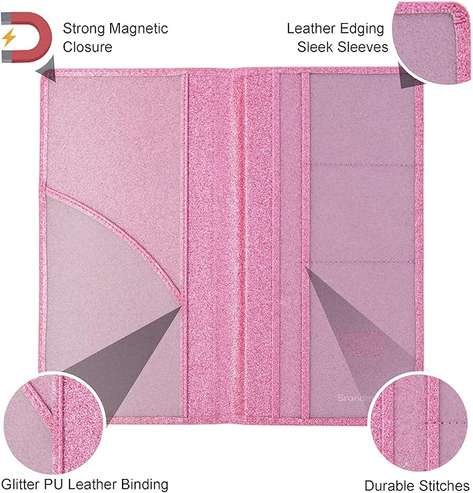 Car Registration and Insurance Holder, Leather Magnetic Shut Vehicle Glove Box Organizer for Document, Card, Driver License, Glitter Pink