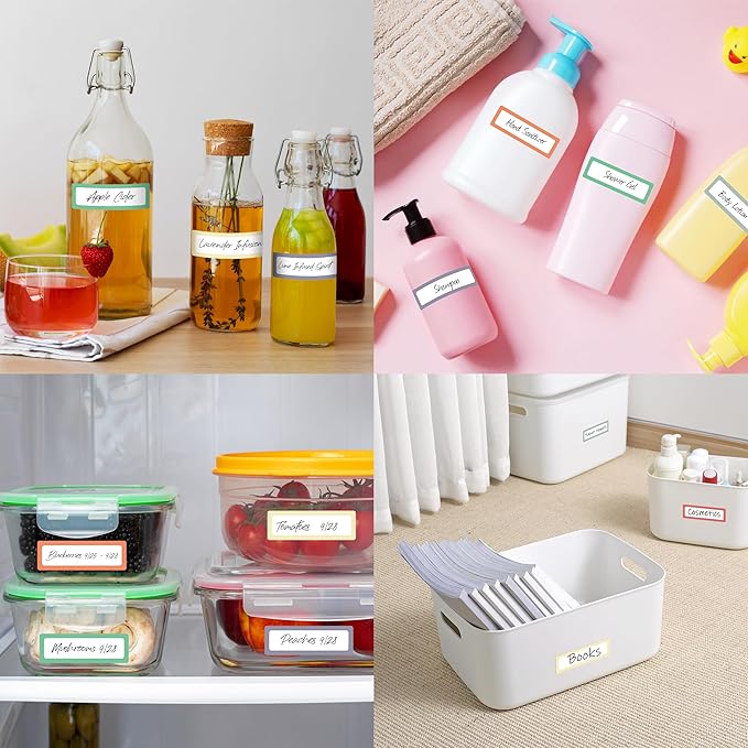 270 PCS Removable Labels, 9 Colors Self-Adhesive Rectangular Stickers Water/Oil/Tear Resistant for Food Containers, Freezer, Kitchen, Files, Jars, Pantry Storage, Office, Bathroom, School (15 Sheets)