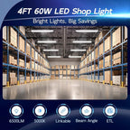 hykolity 2 Pack 4FT Linkable LED Shop Light for Garage, 6500lm, 4FT 60W Utility Light Fixture, 5000K Daylight LED Workbench Light with Plug, Hanging or Surface Mount, White - ETL