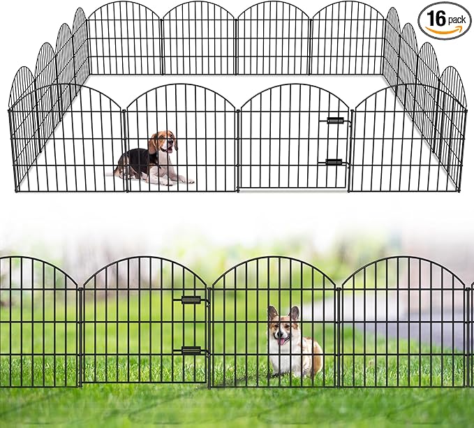 Metal Garden Fence with Gate 28in (H) x 37.3ft (L), 1 Gate + 15 Panels Dog Fences Border Fence Animal Barrier, No Dig Garden Fencing for Yard Backyard Landscape, ECG2816G Black