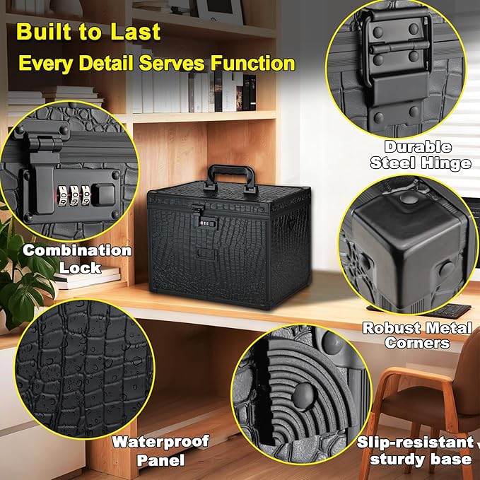 File Storage Cabinet File Organizer Document Organizer File Box in Office and Home with Combination Lock with 20 Letter Size Hanging Files (Aligator Black)