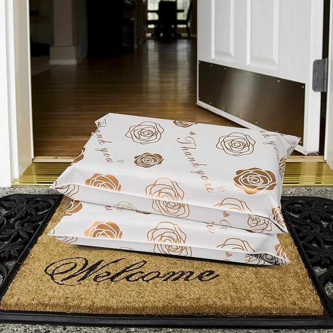 Thank You Poly Mailers 12x15.5 Inch 50 Pcs - Gold Rose Printed Shipping Bags for Clothing - Waterproof and Tear Resistant Mailing Envelopes - Self-Sealing Packaging Bags for Small Business
