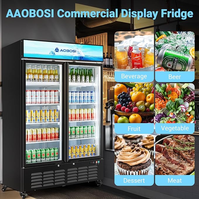 AAOBOSI Commercial Merchandiser Refrigerator,36.8 Cu.Ft Glass Door Display Refrigerator,Upright Beverage Cooler Fridge with Soft LED Light, Customizable Lightbox,Universal Casters, Adjustable Shelves