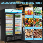 AAOBOSI Commercial Merchandiser Refrigerator,36.8 Cu.Ft Glass Door Display Refrigerator,Upright Beverage Cooler Fridge with Soft LED Light, Customizable Lightbox,Universal Casters, Adjustable Shelves