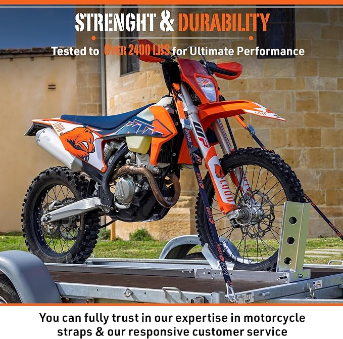 LODD - Motorcycle Tie Down Straps with Heavy-Duty Buckles, Fur Protection, Steel Carabiner, Reinforced Buckle | 2,400 lbs, 1.5" | Trailer Securing for Dirt Bike, Enduro, Trial, Quad, Trail