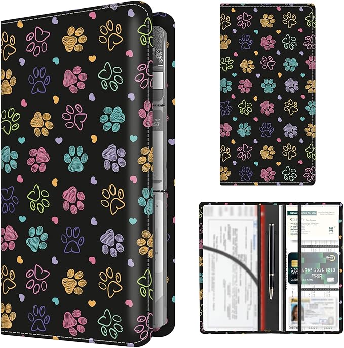 Premium Car Registration and Insurance Card Holder, Cute PU Leather Car Document Holder, Vehicle Glove Box Car Organizer with Magnetic Closure for Driver License, Cards Colorful Doodle Paws