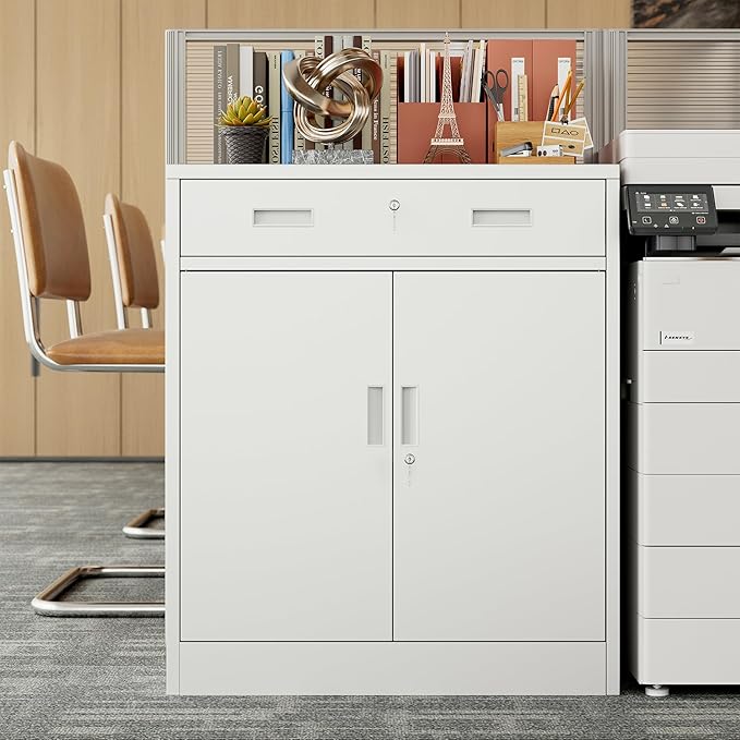 BESFUR 36" H Metal Cabinet with Lockable Drawer and 2 Lockable Doors, White Locking Cabinet with Adjustable Shelf, Lockable Storage Cabinet for Home Office, Garage,School, Warehouse, Utility Room