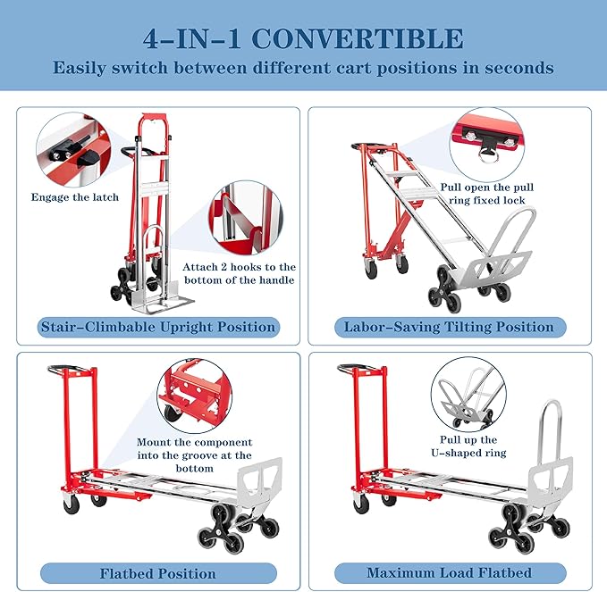 Convertible Hand Truck -1,000 lb Heavy-Duty Aluminum & Steel Dolly, 3-in-1 Mode with Stair-Climbing Wheels & 5" Swivel Casters for Warehouse, Moving, Delivery