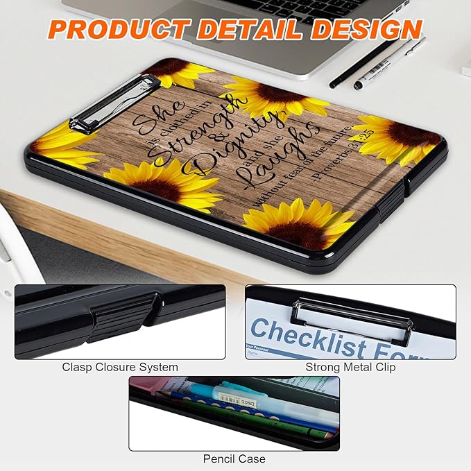 Clipboard with Storage, Hard Letter A4 Size Clip Board with Pen Holder & Paper Organizer, Heavy Duty Portable Writing Pad for Nurses Students Teachers Office Jobsite Contractor, Sunflower Bible