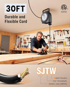 SURAIELEC 30 FT Retractable Extension Cord Reel, 16AWG SJTW Power Cord, Lighted Triple Outlets, 10A Circuit Breaker, Wall/Ceiling Mount for Garage, Workshop, ETL Listed