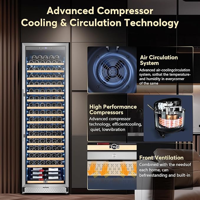 Tylza Wine Fridge 24 Inch, 189 Bottles Large Wine Cooler Refrigerator, Built-in or Freestanding Tall Wine Cooler with Upgraded Compressor, Low Noise, Fast Cooling and Intelligent Temperature Memory