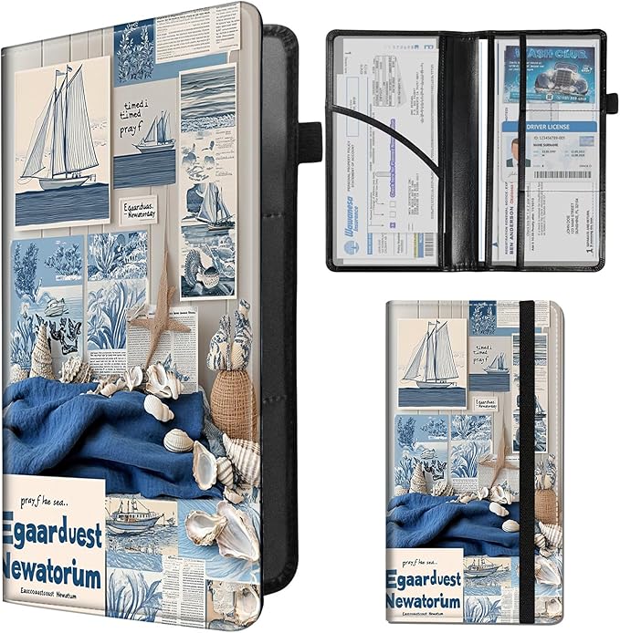 Car Registration and Insurance Card Holder - Blue Sailboat Coral Shell Collage Leather Document Organizer & Bifold wallet for License, Insurance Cards | Fits Vehicle Glove Box & Visor