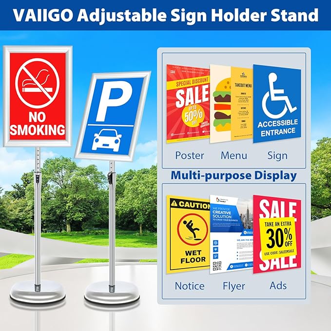 6Packs Floor Standing Sign Holder Stands for Display 11x17Inch Pedestal Poster Sign Stand, Adjustable Sign Holder Stand for Vertical & Horizontal View Sign Display Stand, Silver