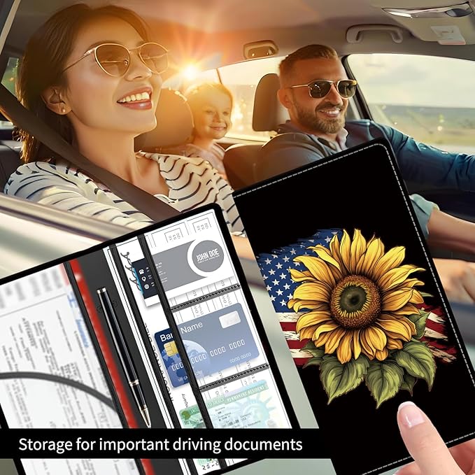 Premium Car Registration and Insurance Card Holder, Cute PU Leather Car Document Holder, Vehicle Glove Box Car Organizer with Magnetic Closure for Driver License, Cards USA Sunflower Flag