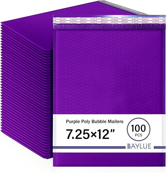 Purple 7.25x12 Inch Poly Bubble Mailers #1 | Self Seal Padded Envelopes | Air Cushioned Bubble Mailer | Usable Size 7.25x11 Inch | 100 Pack Bulk | Waterproof | Lightweight Mailing Shipping Bags