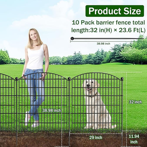 10 Panels Decorative Garden Fence with Gate - 32 in (H) x 23.6 ft (L) No Dig Dog Fence Outdoor for Yard, Rustproof Tall Garden Fencecing Panels, Animal Barrier Suitable for Yard Border, Patio