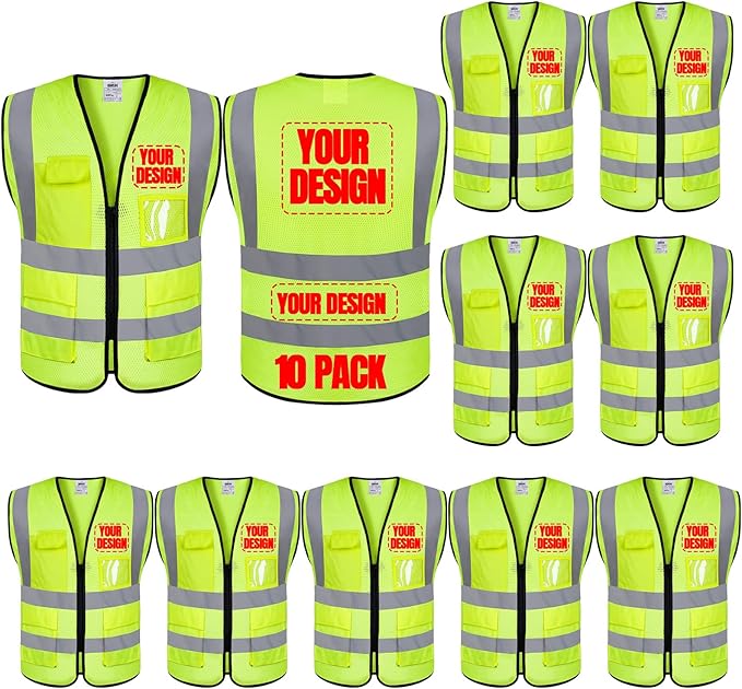 BeautyWill 10/20 Pack Custom Logo Safety Vest,Bulk High Visibility Class 2 Reflective Work Vests