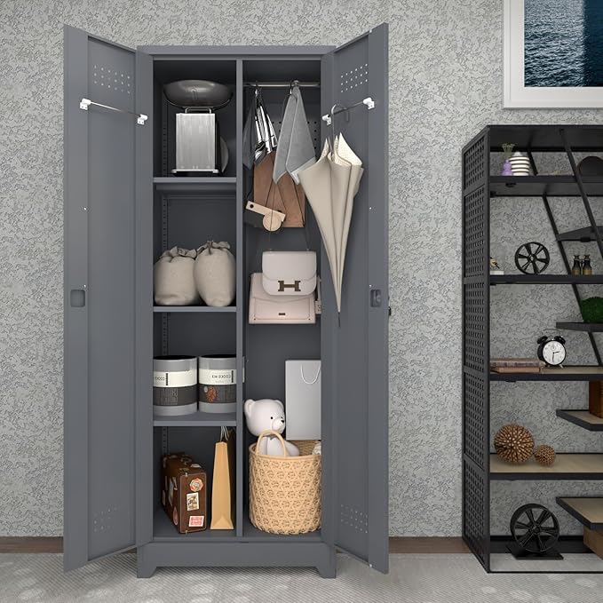 LUCYPAL 65" H Metal Garage Storage Cabinet with Shelves and Lock,Broom Closet Storage Cabinet with Hanging Rods for Mops,Garage Tool Cabinets for Utility Room,Laundry Room,Grey