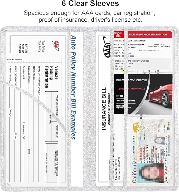 Car Registration and Insurance Holder, Leather Magnetic Shut Vehicle Glove Box Organizer for Document, Card, Driver License, Glitter Silver