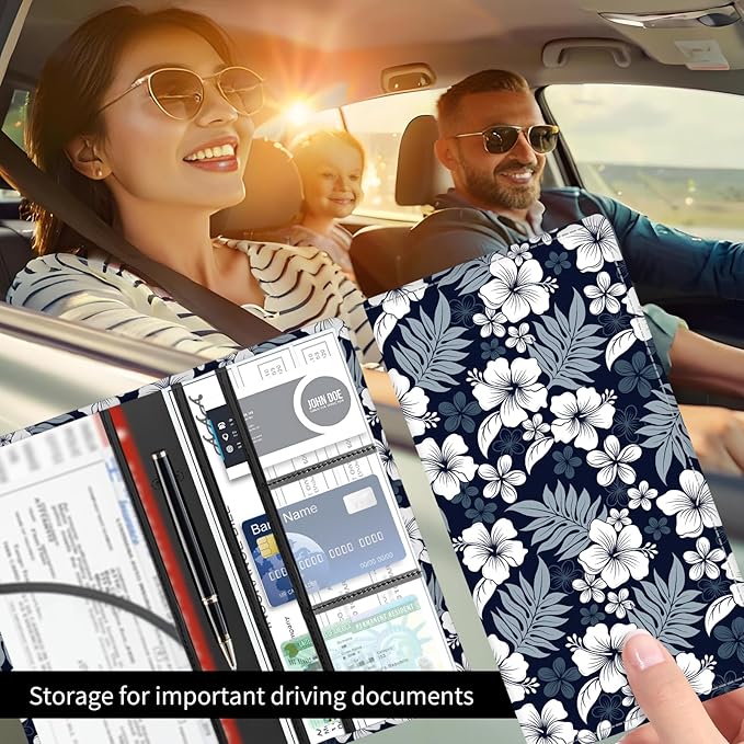 Premium Car Registration and Insurance Card Holder, Cute PU Leather Car Document Holder, Vehicle Glove Box Car Organizer with Magnetic Closure for Driver License, Cards Navy Tropical Hibiscus