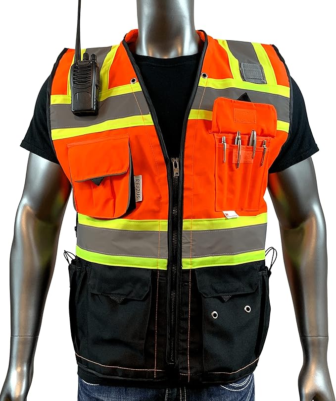 C Vest for Mens Safety Vest With Zipper and Utility Pockets Premium Black Series Surveyors Vest (Large, Orange/Black)