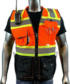 C Vest for Mens Safety Vest With Zipper and Utility Pockets Premium Black Series Surveyors Vest (Large, Orange/Black)