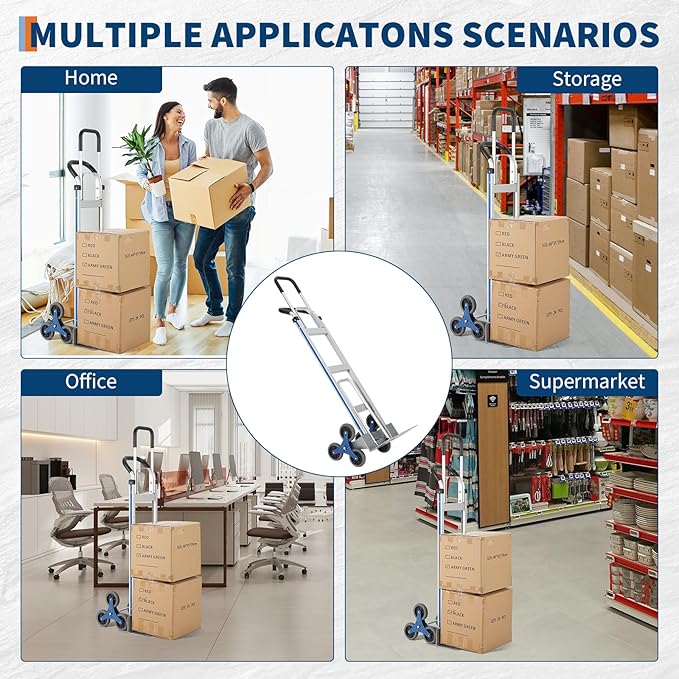 Heavy-Duty 2-in-1 Aluminum Stair Climbing Hand Truck – 600 lbs Capacity, Dual Handles, Extendable Base Plate, 6 Wheels, 2 Elastic Ropes – Versatile Trolley for Home, Warehouse, Shopping – Silver