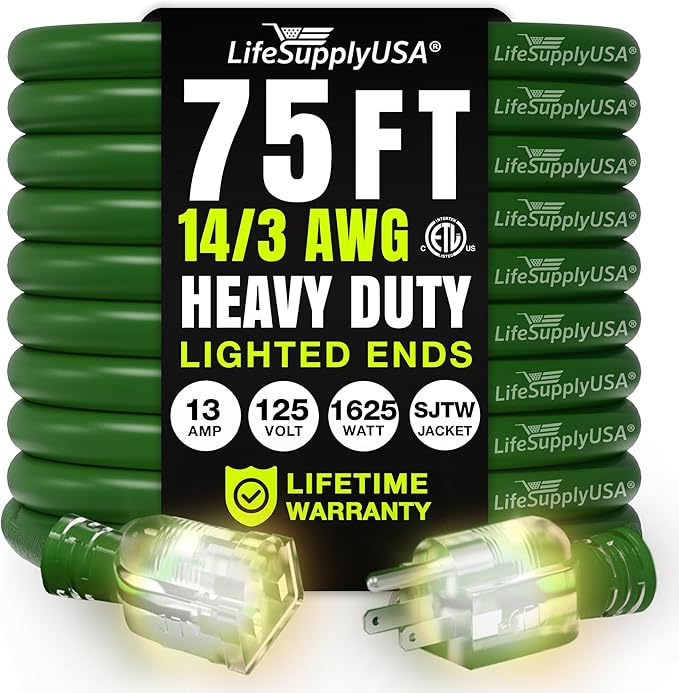 75ft Outdoor/Indoor Extension Cord 14/3 Gauge Heavy Duty 3 Prong SJTW, Waterproof, ETL Listed, Flexible Cold-Resistant Long Power Cord,13A 125V 1625W, Green by LifeSupplyUSA
