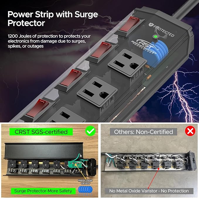 CRST 6 Outlet Metal Power Strip with Individual Switches, Mountable Surge Protector Power Strip for Garage Workshop School Home. 15A Circuit Breaker, 1875W, 1200 Joules, 6FT Extension Cord