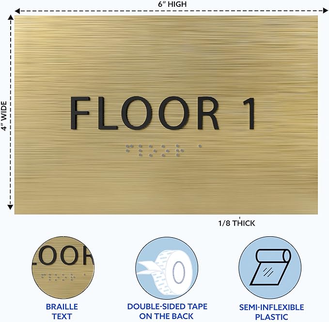 6" X4" Floor 1 Sign - ADA Compliant Tactile Graphics Grade 2 Braille Text | Wall Mount Plastic Directional Assistance, Floor Number Sign for Office, Schools, Hospitals, Apartments