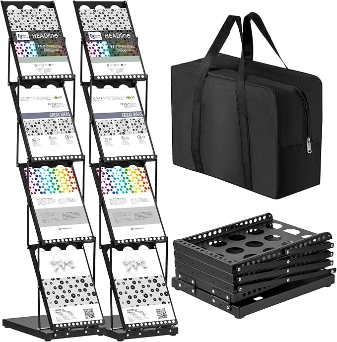 Tatuo 2 Pieces Foldable Magazine Rack Metal Catalog Literature Rack Portable 4 Pockets with Carrying Bag Brochure Stand Literature Display Holder Stand for Exhibition Trade Show