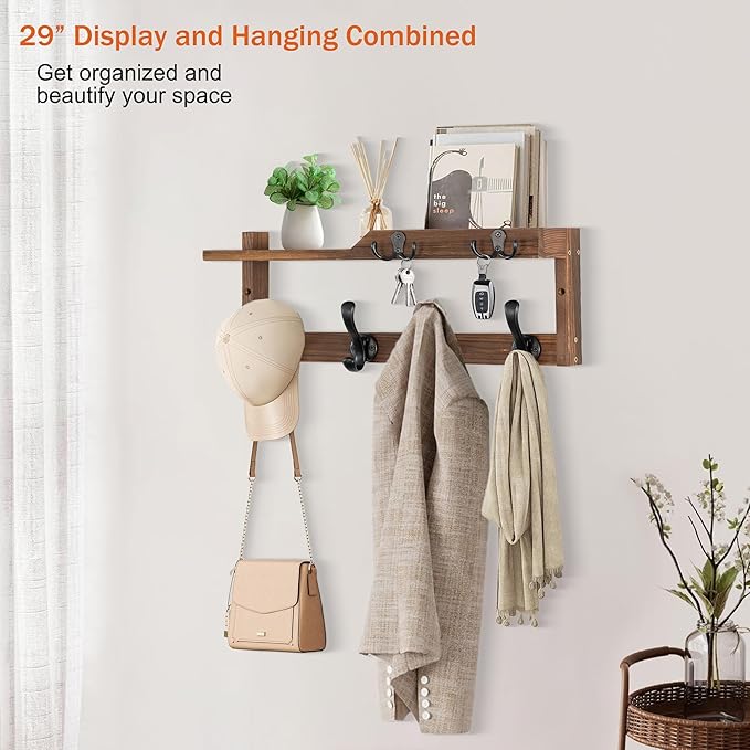 Coat Rack Wall Mount with Shelf, Coat Hanger Wall Mount with Key Hooks and Mail Holder, Wood Entryway Floating Shelf with Hooks and Storage, Hat Rack for Wall Key Holder Mail Organizer