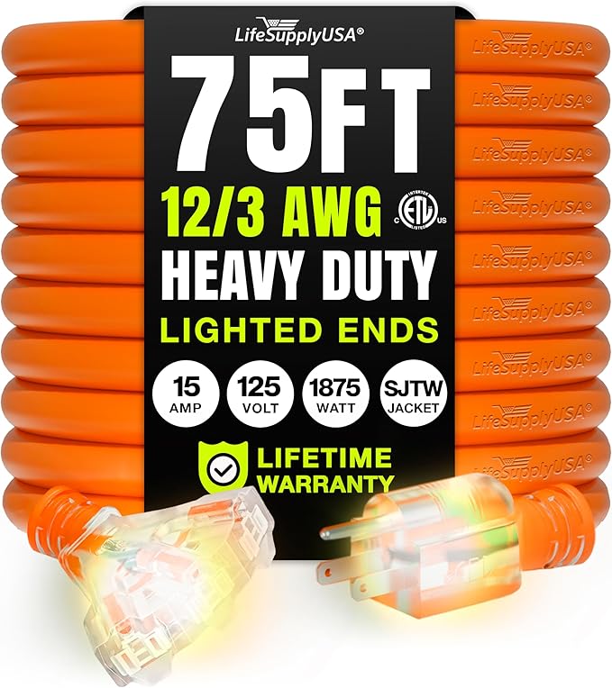 75ft Outdoor/Indoor Extension Cord 3-Outlet 12/3 Gauge Extra Heavy Duty ETL Listed, 3 Prong SJTW, Waterproof, Flexible Cold-Resistant Long Power Cord,15A 125V 1875W, Orange by LifeSupplyUSA