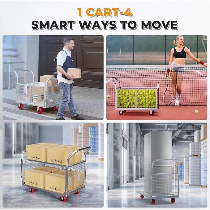 2IN1 Steel Panel Cart Dolly – Heavy Duty Drywall Lumber Truck Cart with 3000 LBS Capacity, 44 x 28 Inch 2.2MM Steel Plate, 6" Swivel Brake Wheels, 1 Front & 3 Side Handrails (X Large with Cage)