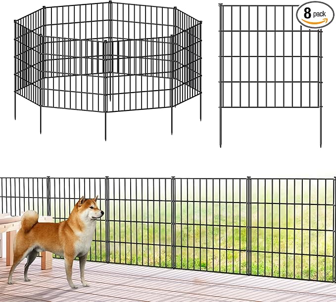 Metal Garden Fence 28in (H) x 18.7ft (L), 8 Panels + 9 Stakes Dog Fence Border Fence Animal Barrier, No Dig Garden Fencing for Yard Flower Bed Lawn Patio Outdoor, PIN282808 Black