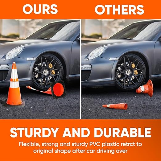 Pyle Traffic Cones, 4-Pack PVC with Heavy-Duty Base, High-Visibility Safety Cones with Stackable Design for Parking, Roadwork, Construction Zones, & Outdoor Weather-Resistant Use, 28"