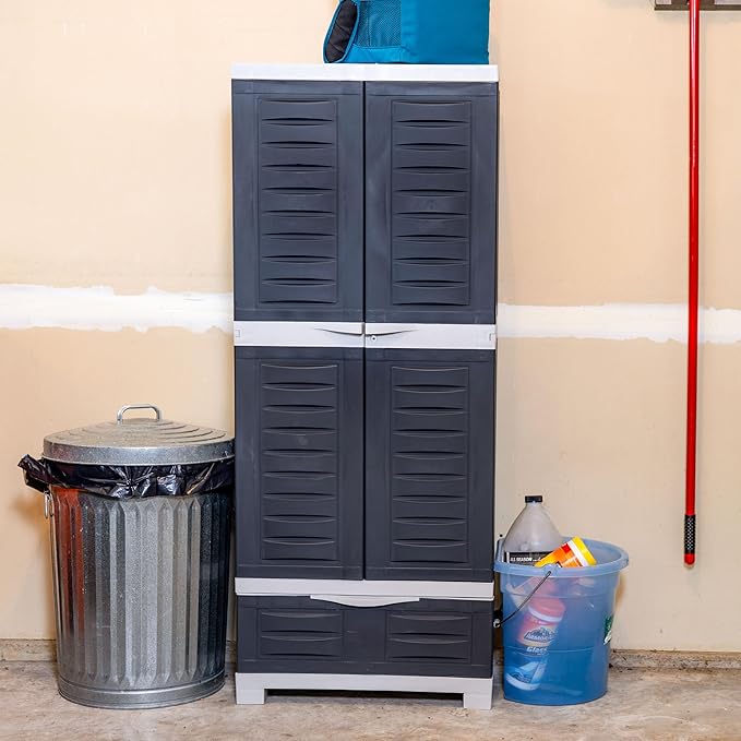 Sunnydaze Lockable Storage Cabinet - Indoor or Garage Storage Cabinet with 3 Adjustable Shelves - 57.5" H - Garage, Office, Home, Laundry Room - Charcoal