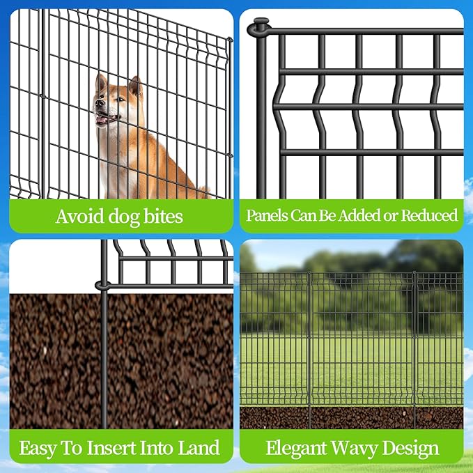 No Dig Fence Outdoor Dog Fences,Total 44" H x 288" W Decorative Metal Garden Fence with Gate,Garden Fence Animal Barrier,Garden Fencing for Yard Rustproof
