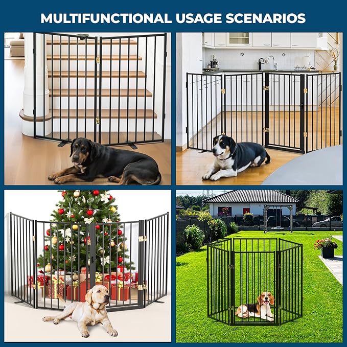 Metal Freestanding Dog Gate Outdoor-6 Panels with Door, Extra Wide Foldable Pet Fence with Pet Monitor Adapter, 32'' Height Tall Dog Gate for Doorways, Stairs, Hallways, Yard, Indoor